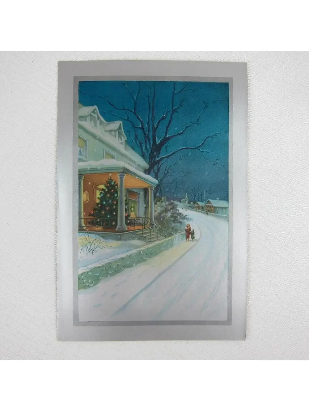 Vintage Christmas Cards Lot 3 Snowy Night Manger House Silver Border USA Litho